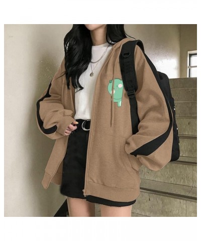 Oversized Sweatshirt for Teen Big Girls Casual Zipper Hooded Jacket Kawaii Dinosaur Print Long Coats Khaki-c $9.41 Jackets