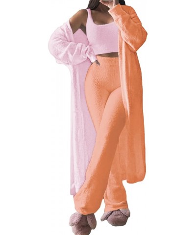 Women's Fuzzy 3 Piece Outfits Sexy Pants Sets Casual Outfits Pajamas Set Tracksuit Baby Pink $25.01 Activewear