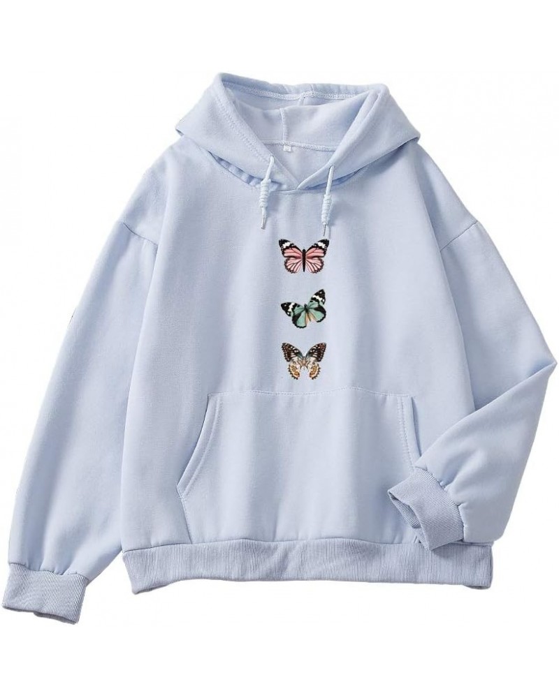 Womens Hoodie Drawstring Butterfly Pattern Cotton Pullover Hooded Sweatshirts Blue $18.19 Hoodies & Sweatshirts