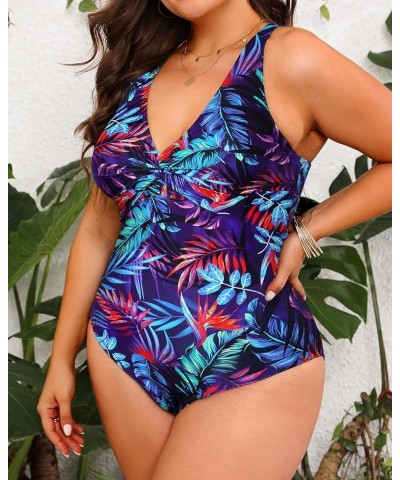 Women Plus Size One Piece Swimsuits V Neck Tummy Control Bathing Suits Front Cross Swimwear Colorful Leaves $16.79 Swimsuits