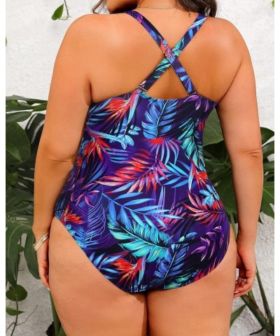 Women Plus Size One Piece Swimsuits V Neck Tummy Control Bathing Suits Front Cross Swimwear Colorful Leaves $16.79 Swimsuits