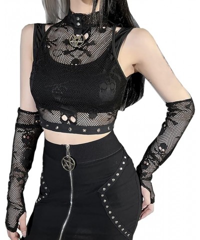 Black Gothic Summer Cropped T-Shirts Fashion Short Sleeve Halter T Shirts for Girls Women 07-halloween Gloves +Vest $12.71 T-...