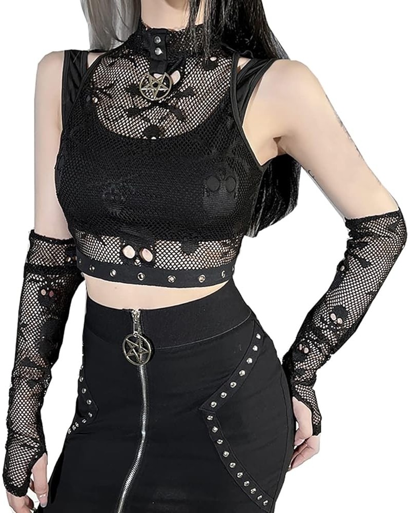 Black Gothic Summer Cropped T-Shirts Fashion Short Sleeve Halter T Shirts for Girls Women 07-halloween Gloves +Vest $12.71 T-...