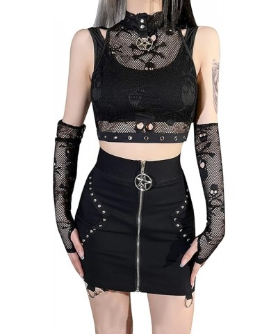 Black Gothic Summer Cropped T-Shirts Fashion Short Sleeve Halter T Shirts for Girls Women 07-halloween Gloves +Vest $12.71 T-...