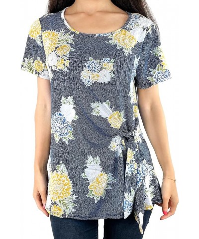 Women’s Floral Tunic Shirt Knit Top Front Tie - Yellow/White/Denim Blue Floral W. Puff Texture $26.55 Tops