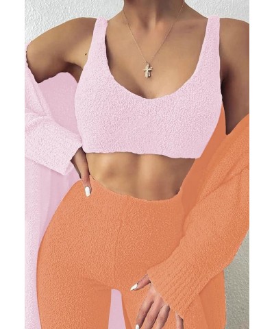 Women's Fuzzy 3 Piece Outfits Sexy Pants Sets Casual Outfits Pajamas Set Tracksuit Baby Pink $25.01 Activewear