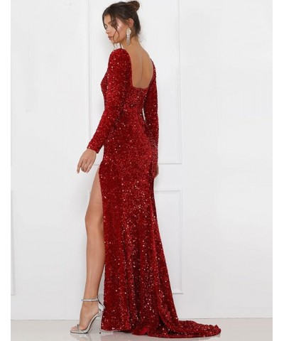 Long Sleeve Sequin Prom Dresses for Women Mermaid Slit Sparkly Formal Evening Party Dress Long Dark Red $42.50 Dresses