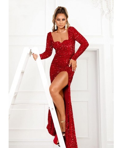 Long Sleeve Sequin Prom Dresses for Women Mermaid Slit Sparkly Formal Evening Party Dress Long Dark Red $42.50 Dresses