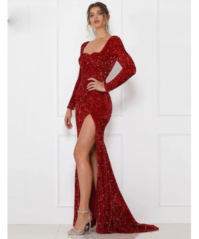 Long Sleeve Sequin Prom Dresses for Women Mermaid Slit Sparkly Formal Evening Party Dress Long Dark Red $42.50 Dresses