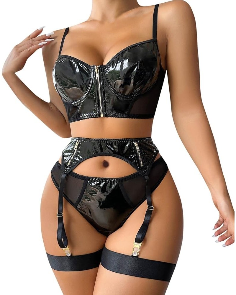 Sexy Lingerie For Women Crotchless 2 Piece Lingerie For Women Women's Sexy Lingerie PU Bandage Stitching Hollo Black $13.99 O...