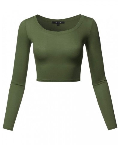 Women's Basic Solid Stretchable Scoop Neck Long Sleeve Crop Top Rayon - Olive $10.08 T-Shirts