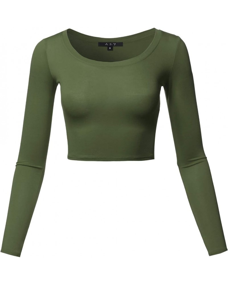 Women's Basic Solid Stretchable Scoop Neck Long Sleeve Crop Top Rayon - Olive $10.08 T-Shirts