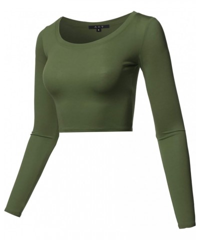 Women's Basic Solid Stretchable Scoop Neck Long Sleeve Crop Top Rayon - Olive $10.08 T-Shirts