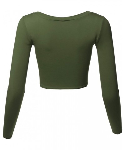 Women's Basic Solid Stretchable Scoop Neck Long Sleeve Crop Top Rayon - Olive $10.08 T-Shirts