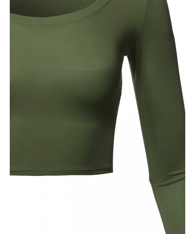 Women's Basic Solid Stretchable Scoop Neck Long Sleeve Crop Top Rayon - Olive $10.08 T-Shirts