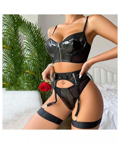 Sexy Lingerie For Women Crotchless 2 Piece Lingerie For Women Women's Sexy Lingerie PU Bandage Stitching Hollo Black $13.99 O...