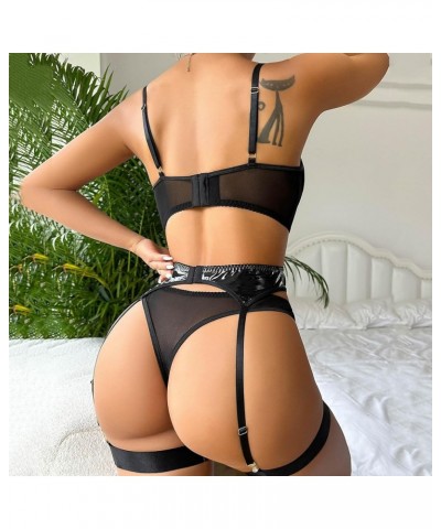 Sexy Lingerie For Women Crotchless 2 Piece Lingerie For Women Women's Sexy Lingerie PU Bandage Stitching Hollo Black $13.99 O...