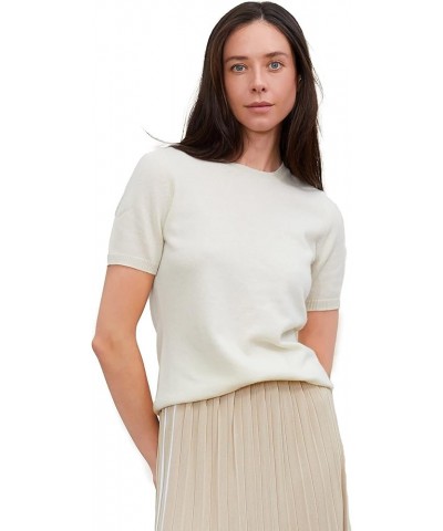 Short Sleeve Crew Top Sweater 100% Pure Cashmere Classic Jewel Neck Pullover Tee for Women Undyed White $51.70 T-Shirts