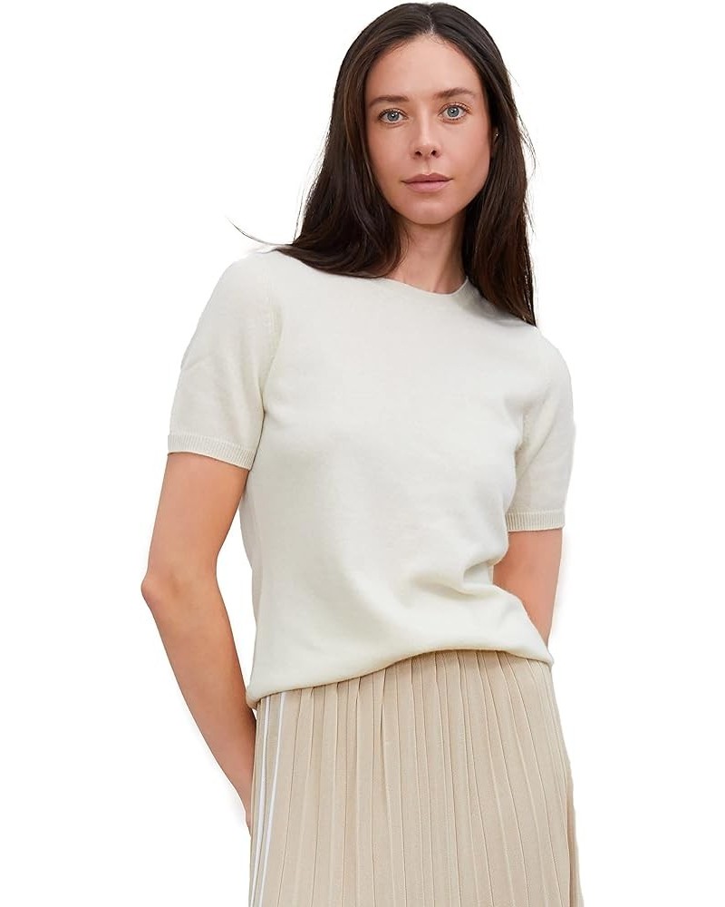 Short Sleeve Crew Top Sweater 100% Pure Cashmere Classic Jewel Neck Pullover Tee for Women Undyed White $51.70 T-Shirts