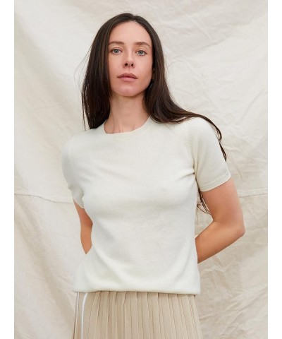 Short Sleeve Crew Top Sweater 100% Pure Cashmere Classic Jewel Neck Pullover Tee for Women Undyed White $51.70 T-Shirts