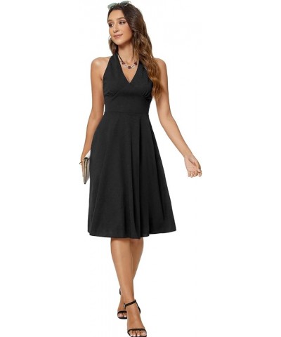 Womens V Neck Sleeveless Casual Flared Midi A-Line Cocktail Party Swing Dresses Black $22.22 Dresses