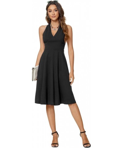 Womens V Neck Sleeveless Casual Flared Midi A-Line Cocktail Party Swing Dresses Black $22.22 Dresses