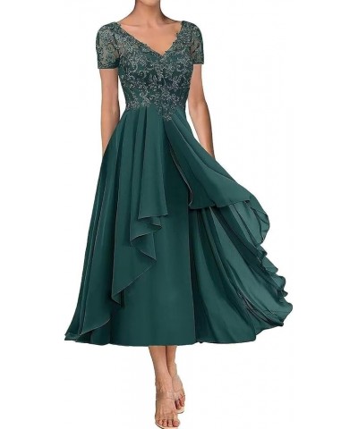 Lace Appliques Mother of The Bride Dresses Tea Length Short Sleeves Formal Dresses for Women Chiffon Wedding Guest Dress Teal...