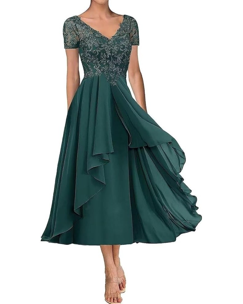 Lace Appliques Mother of The Bride Dresses Tea Length Short Sleeves Formal Dresses for Women Chiffon Wedding Guest Dress Teal...