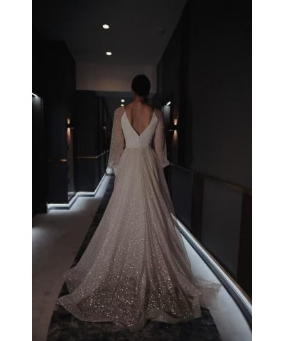 Long Sleeve Prom Dresses Glitter Wedding Dresses for Bride V Neck Ball Gown A Line Princess Gown with Slit Gold $45.36 Dresses