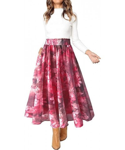 Women Elastic High Waist A Line Floral Print Swing Chiffon Beach Midi Long Skirt with Pockets Coral $17.39 Skirts