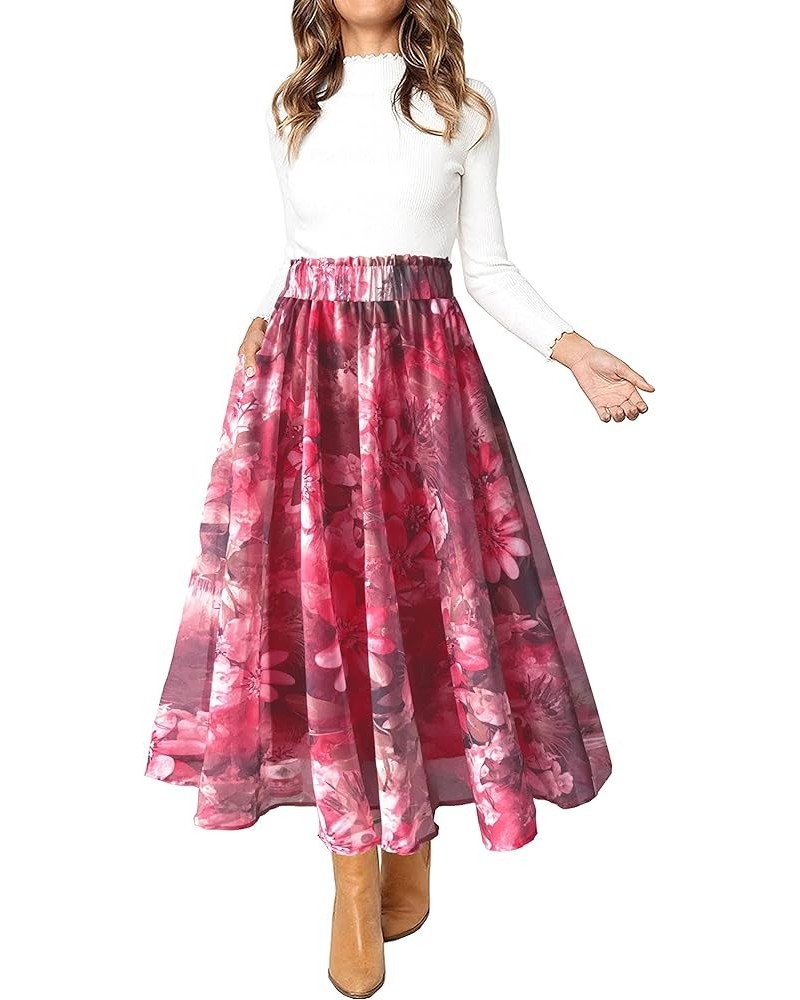 Women Elastic High Waist A Line Floral Print Swing Chiffon Beach Midi Long Skirt with Pockets Coral $17.39 Skirts