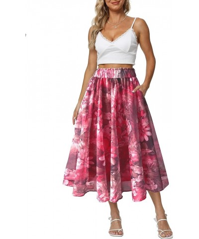 Women Elastic High Waist A Line Floral Print Swing Chiffon Beach Midi Long Skirt with Pockets Coral $17.39 Skirts