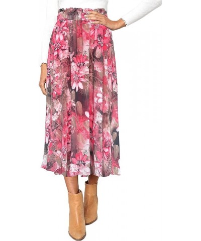 Women Elastic High Waist A Line Floral Print Swing Chiffon Beach Midi Long Skirt with Pockets Coral $17.39 Skirts