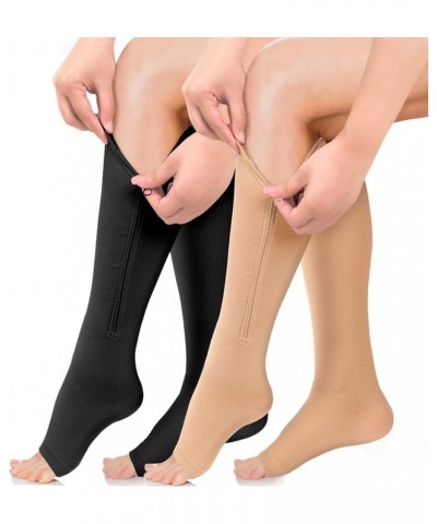 2 Pairs Compression Socks Toe Open Leg Support Stocking Knee High Socks with Zipper 04-Black+Nude Small-Medium $10.75 Activewear