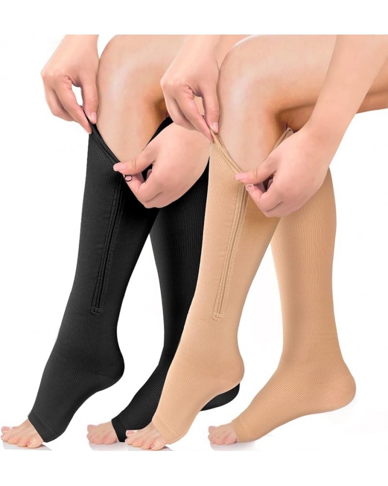 2 Pairs Compression Socks Toe Open Leg Support Stocking Knee High Socks with Zipper 04-Black+Nude Small-Medium $10.75 Activewear