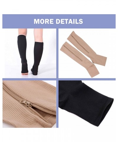 2 Pairs Compression Socks Toe Open Leg Support Stocking Knee High Socks with Zipper 04-Black+Nude Small-Medium $10.75 Activewear