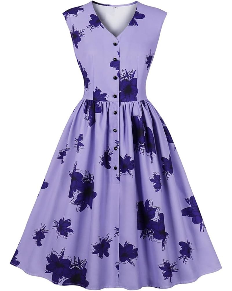 Women's Vintage 1950s 1940s Floral Dresses Split Neck Casual Tea Dress 5131-purple $11.61 Dresses