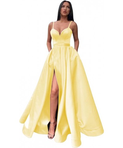 Women's Satin Prom Dresses Long Ball Gown V Neck High Slit Ruched Corset Formal Party Dress with Pockets Yellow $36.00 Dresses