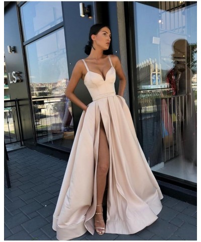 Women's Satin Prom Dresses Long Ball Gown V Neck High Slit Ruched Corset Formal Party Dress with Pockets Yellow $36.00 Dresses