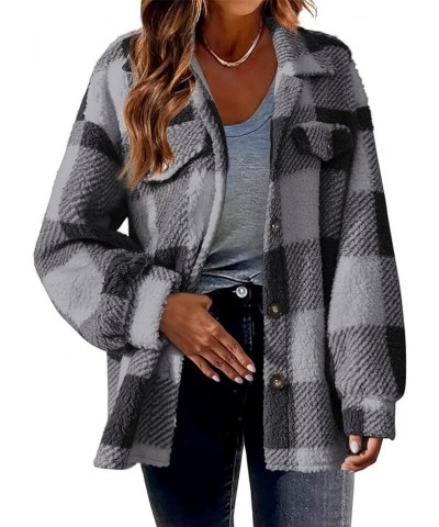 Plaid Shacket Jacket Women Boyfriend Long Sleeve Button Down Shirts 2023 Lapel Casual Fuzzy Fleece Cardigan Coats H01 Gray $1...