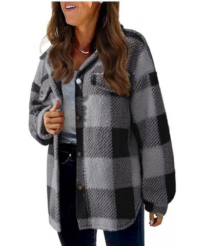 Plaid Shacket Jacket Women Boyfriend Long Sleeve Button Down Shirts 2023 Lapel Casual Fuzzy Fleece Cardigan Coats H01 Gray $1...