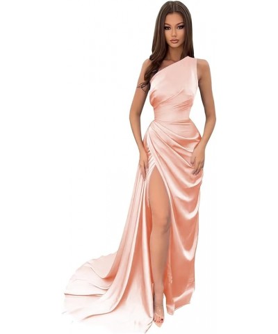 Womens One Shoulder Mermaid Prom Dresses Satin Wrap Long with Slit Pleats Bridesmaid Dresses Evening Dresses Blush Pink $30.7...