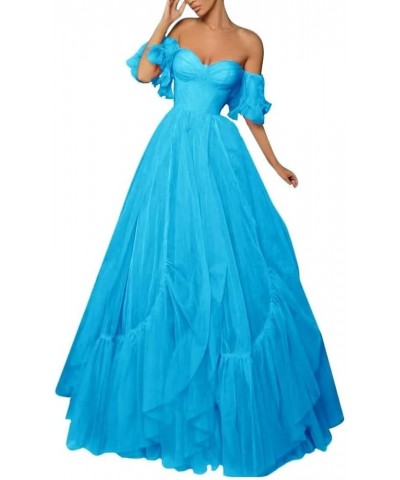 Off Shoulder Tulle Prom Dress Ruffle Sleeve Long Ruffle Puffy Ball Gowns A Line Formal Evening Party Dress Blue $30.00 Dresses