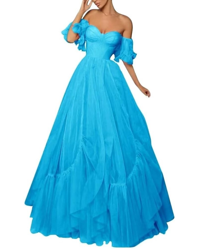 Off Shoulder Tulle Prom Dress Ruffle Sleeve Long Ruffle Puffy Ball Gowns A Line Formal Evening Party Dress Blue $30.00 Dresses