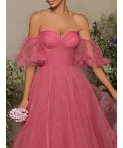 Off Shoulder Tulle Prom Dress Ruffle Sleeve Long Ruffle Puffy Ball Gowns A Line Formal Evening Party Dress Blue $30.00 Dresses