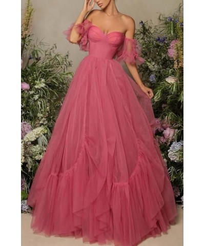 Off Shoulder Tulle Prom Dress Ruffle Sleeve Long Ruffle Puffy Ball Gowns A Line Formal Evening Party Dress Blue $30.00 Dresses