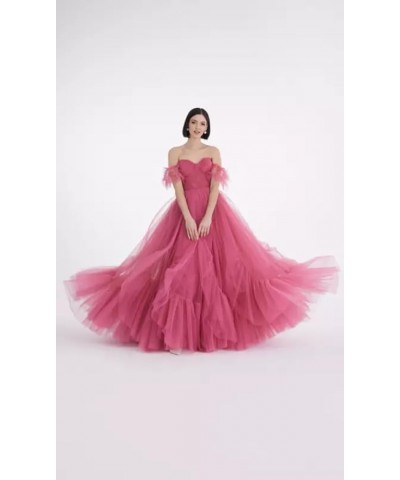 Off Shoulder Tulle Prom Dress Ruffle Sleeve Long Ruffle Puffy Ball Gowns A Line Formal Evening Party Dress Blue $30.00 Dresses