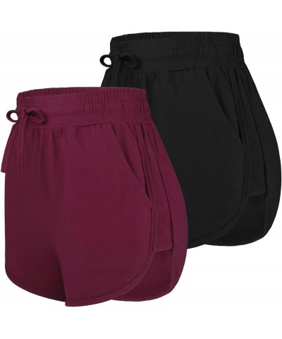 2 Pack Cotton Yoga Short Women Summer Running Gym Sports Waistband Shorts with Pockets Black, Jujube Red $13.19 Activewear