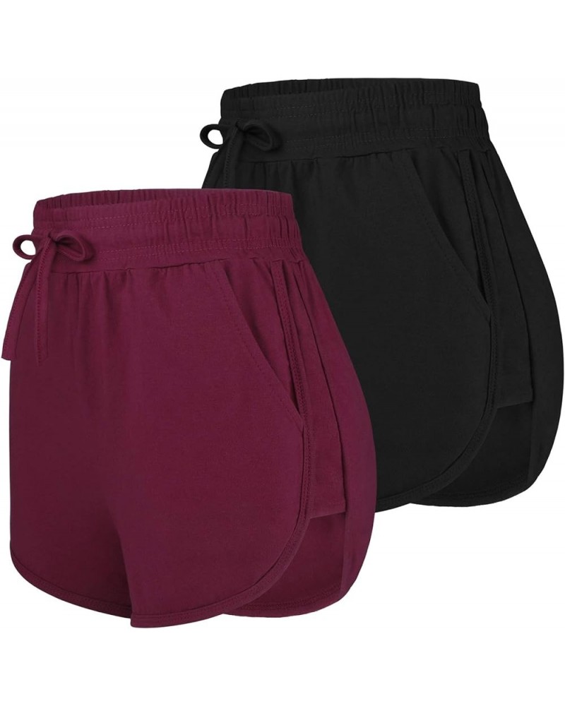 2 Pack Cotton Yoga Short Women Summer Running Gym Sports Waistband Shorts with Pockets Black, Jujube Red $13.19 Activewear