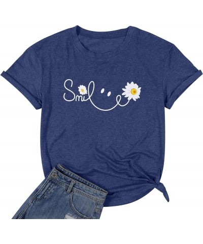 Smile Shirt Women Smile Daisy Inspirational T-Shirt Happy Face Prints Shirts Funny Positive Tee Tops Blue $8.84 T-Shirts